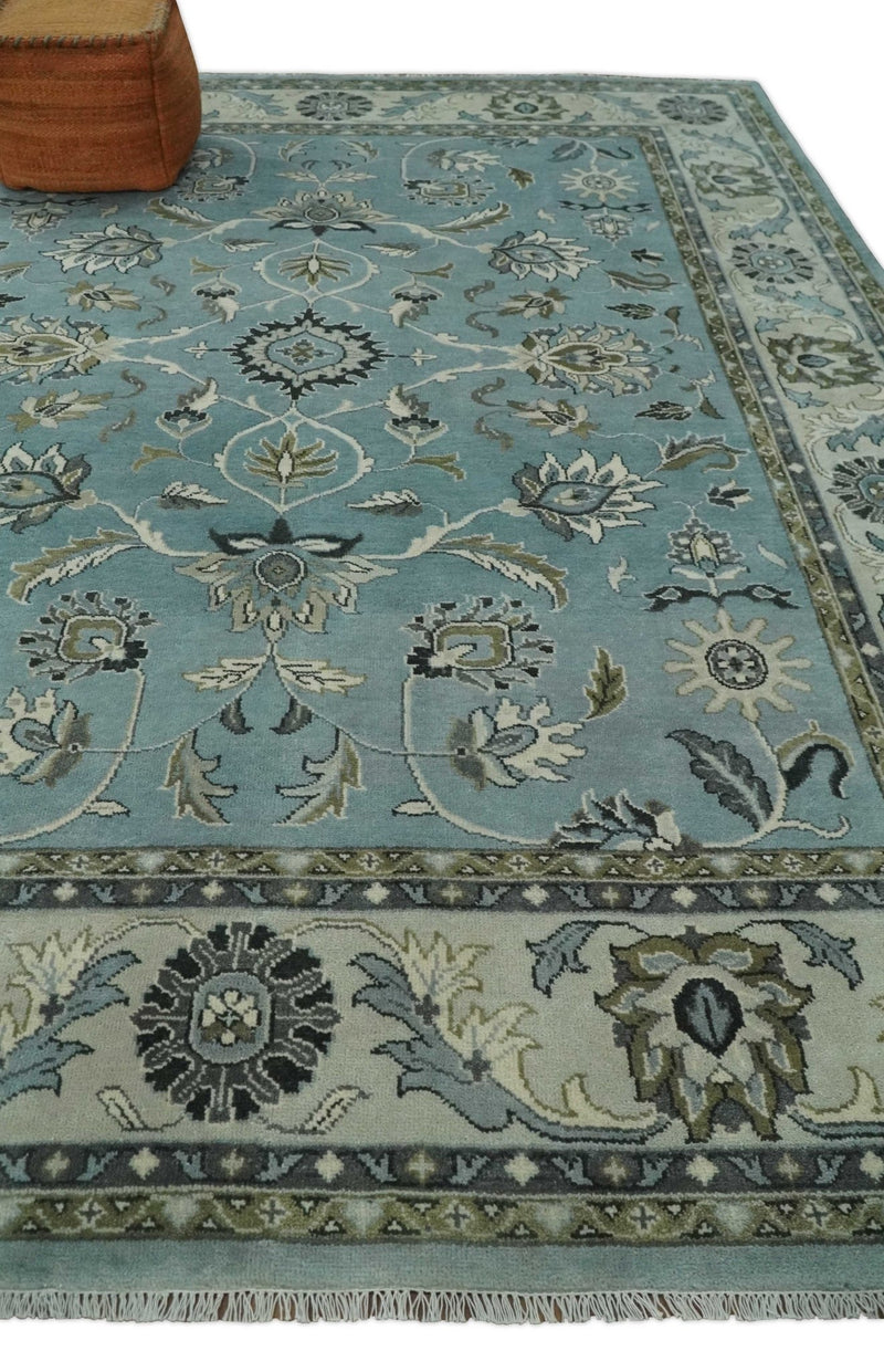 Hand Knotted 9x12 Blue and Ivory Traditional Persian Oushak Wool Rug | TRDCP908912 - The Rug Decor