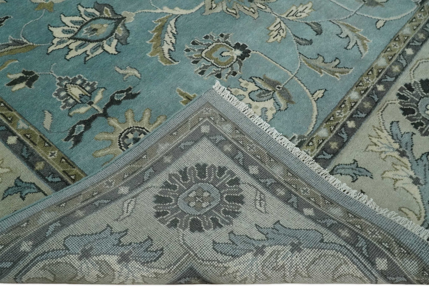 Hand Knotted 9x12 Blue and Ivory Traditional Persian Oushak Wool Rug | TRDCP908912 - The Rug Decor