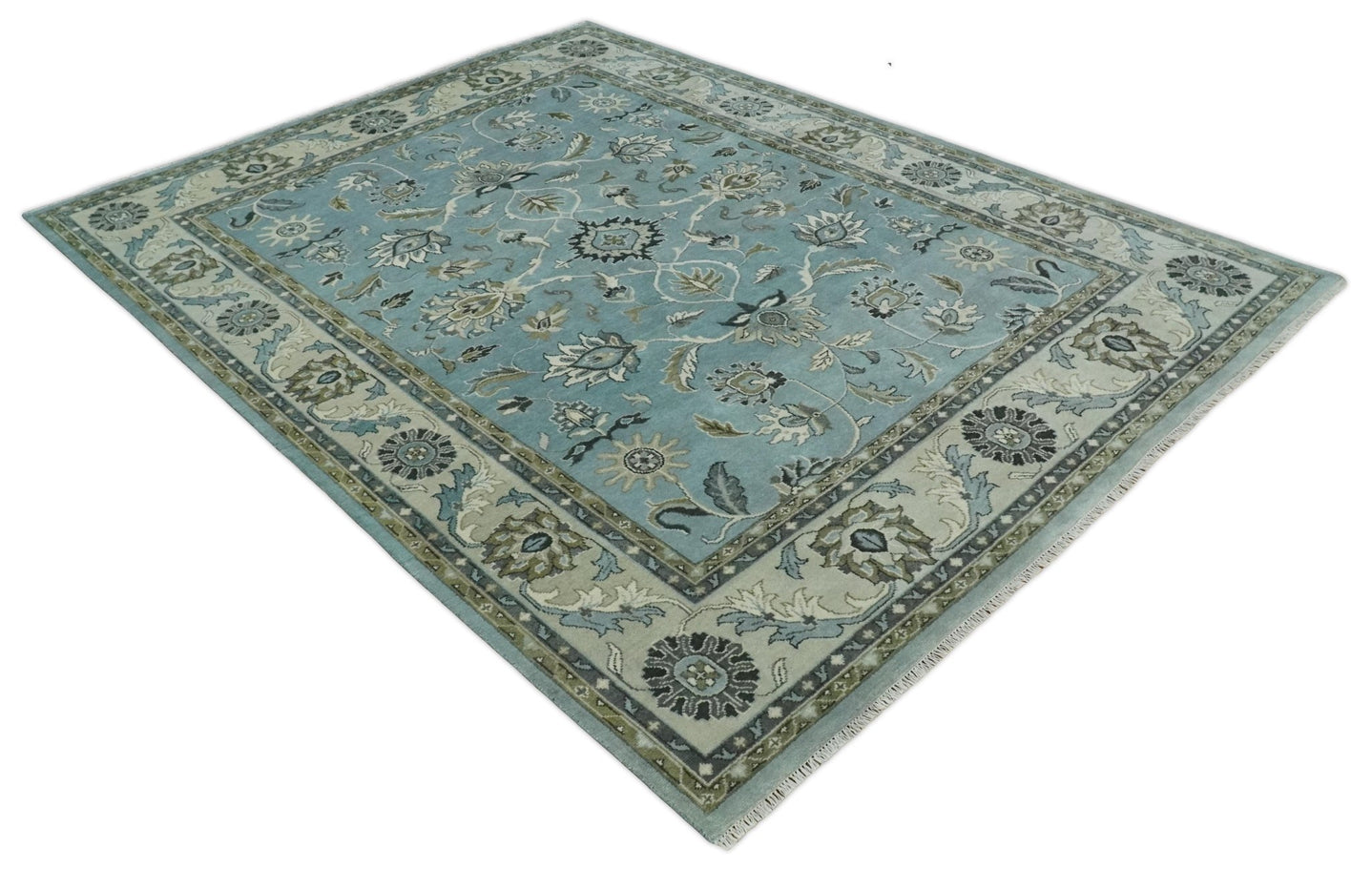 Hand Knotted 9x12 Blue and Ivory Traditional Persian Oushak Wool Rug | TRDCP908912 - The Rug Decor