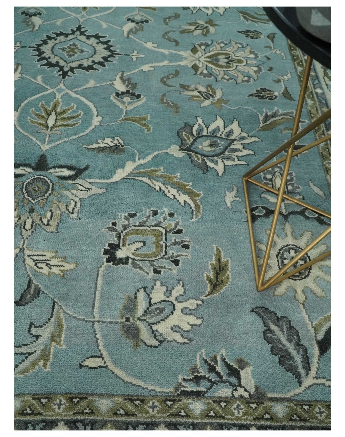 Hand Knotted 9x12 Blue and Ivory Traditional Persian Oushak Wool Rug | TRDCP908912 - The Rug Decor