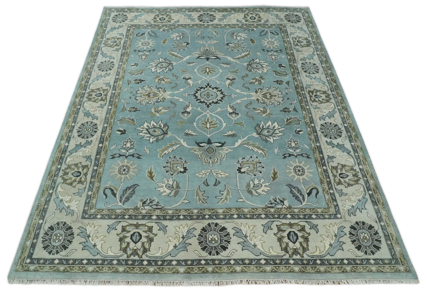 Hand Knotted 9x12 Blue and Ivory Traditional Persian Oushak Wool Rug | TRDCP908912 - The Rug Decor