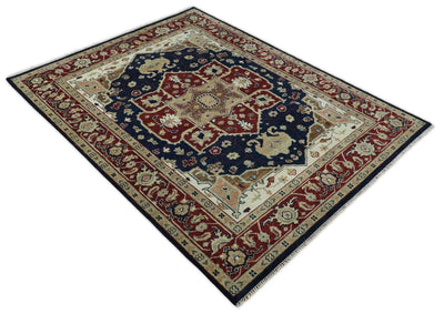 Hand Knotted 9x12 Blue and Rust Traditional Heriz Serapi Rug | TRDCP115912 - The Rug Decor