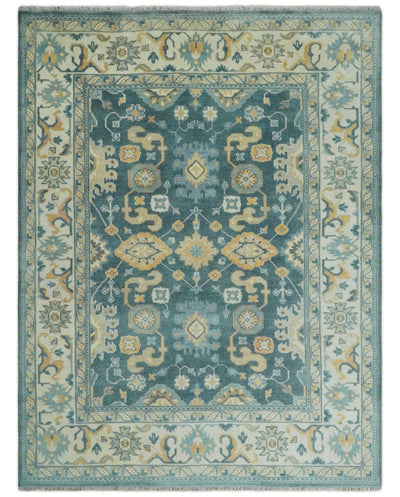 Hand Knotted 9x12 Blue, Ivory and Beige Antique Finish Turkish Style Oushak Wool Area Rug | TRDCP1084912 - The Rug Decor