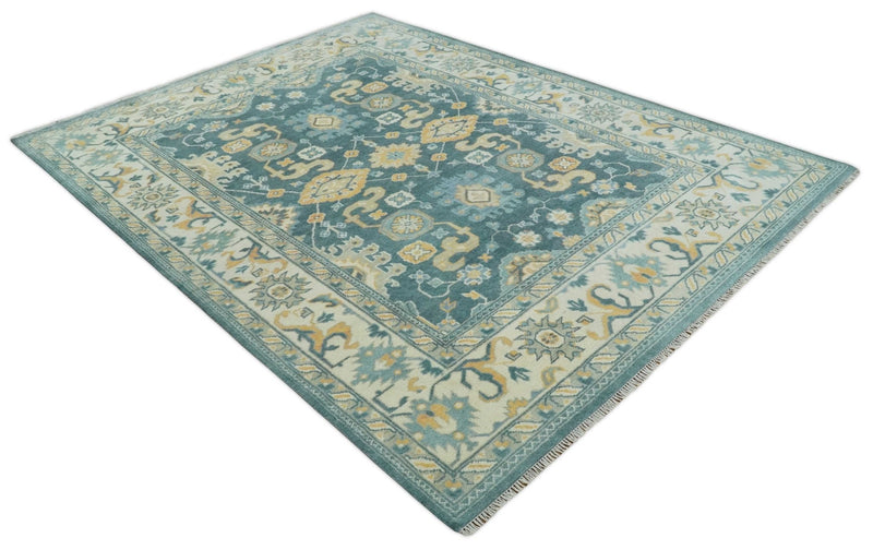 Hand Knotted 9x12 Blue, Ivory and Beige Antique Finish Turkish Style Oushak Wool Area Rug | TRDCP1084912 - The Rug Decor