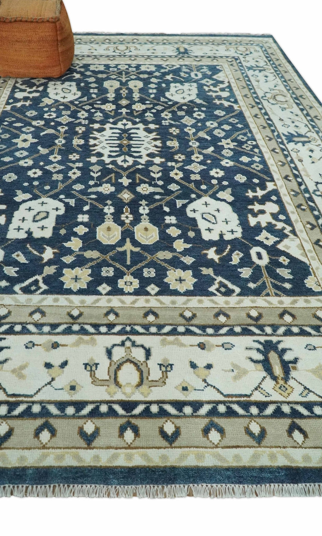 Hand Knotted 9x12 Charcoal, Camel and Ivory Traditional Vintage Persian Oushak Wool Rug | TRDCP926912 - The Rug Decor