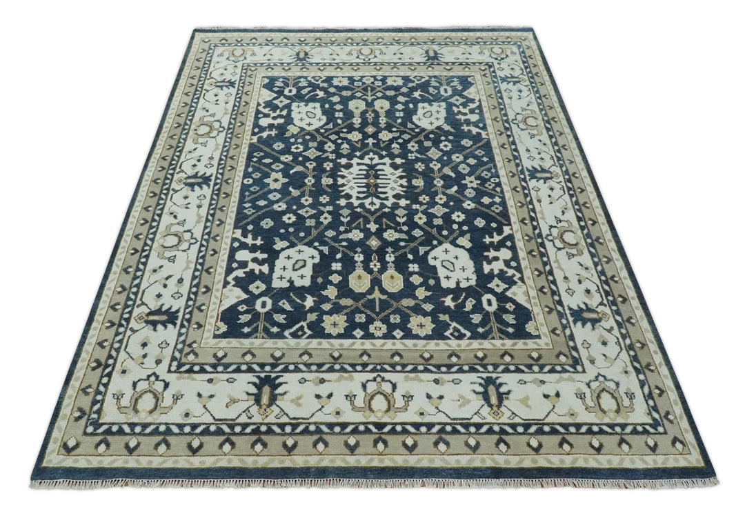 Hand Knotted 9x12 Charcoal, Camel and Ivory Traditional Vintage Persian Oushak Wool Rug | TRDCP926912 - The Rug Decor