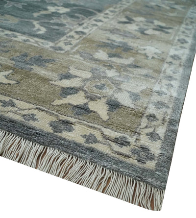 Hand Knotted 9x12 Charcoal, Ivory and Beige Antique Floral Traditional Bamboo Silk Area Rug - The Rug Decor