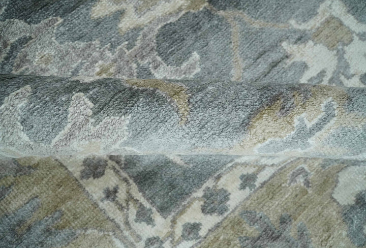 Hand Knotted 9x12 Charcoal, Ivory and Beige Antique Floral Traditional Bamboo Silk Area Rug - The Rug Decor