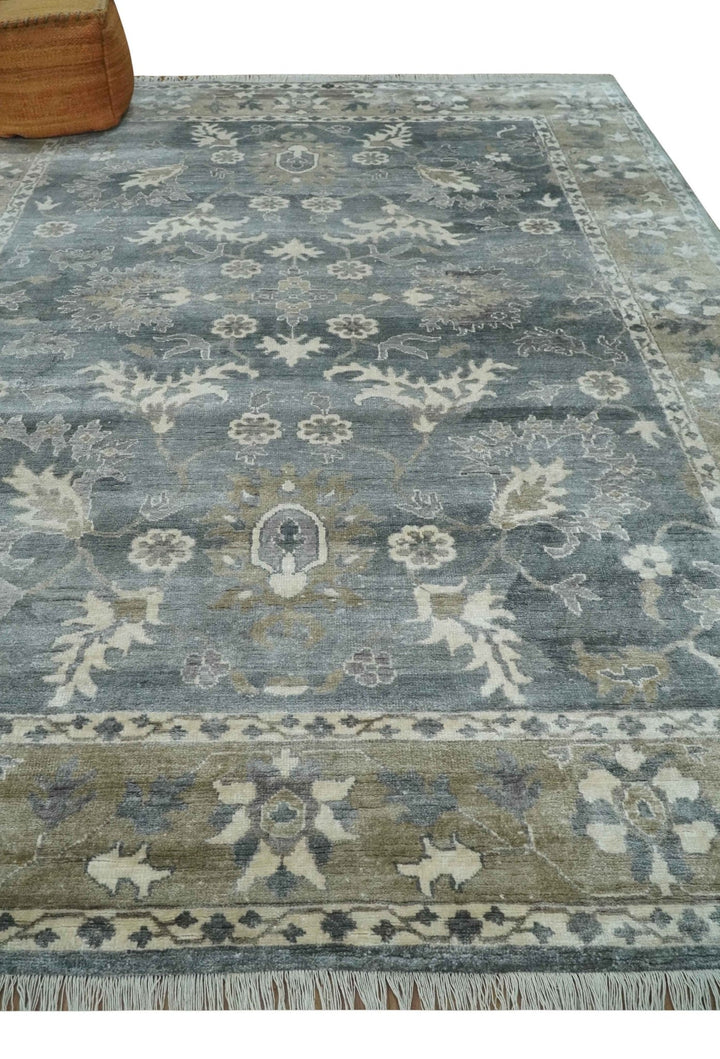 Hand Knotted 9x12 Charcoal, Ivory and Beige Antique Floral Traditional Bamboo Silk Area Rug - The Rug Decor