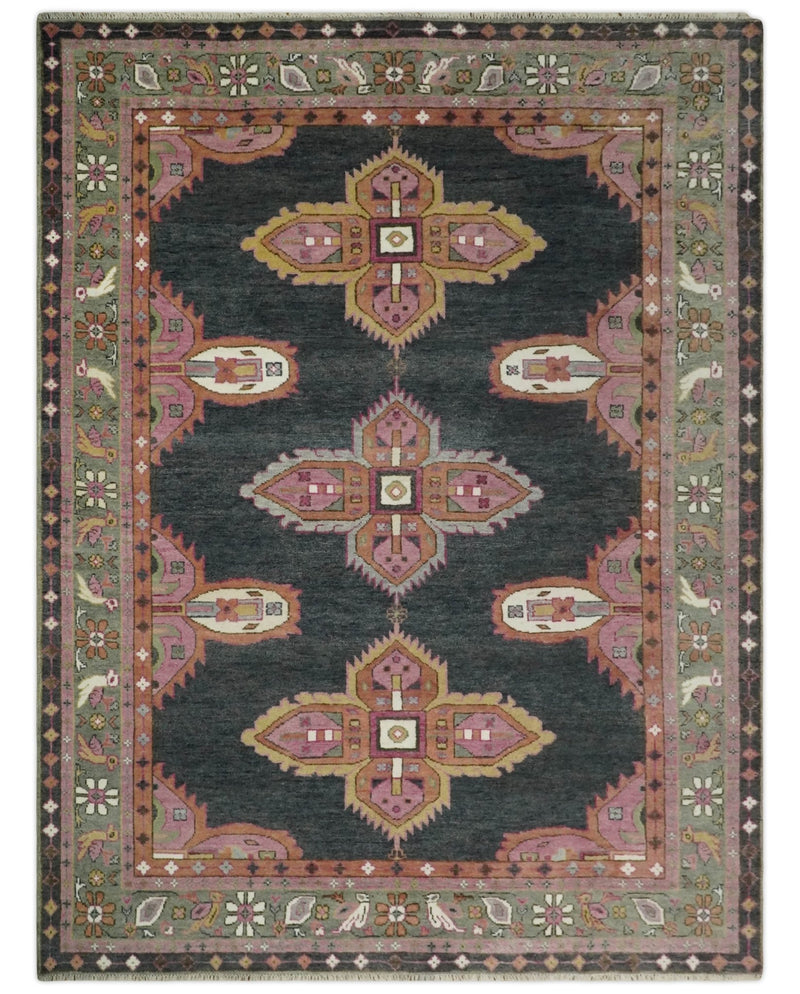 Hand Knotted 9x12 Charcoal, Pink and Gray Geometric Traditional Persian Area Rug | TRDCP623912 - The Rug Decor