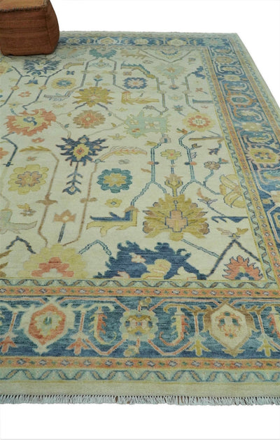 Hand Knotted 9x12 Ivory and Blue Traditional Vintage Persian Style Wool Rug | TRDCP812912 - The Rug Decor