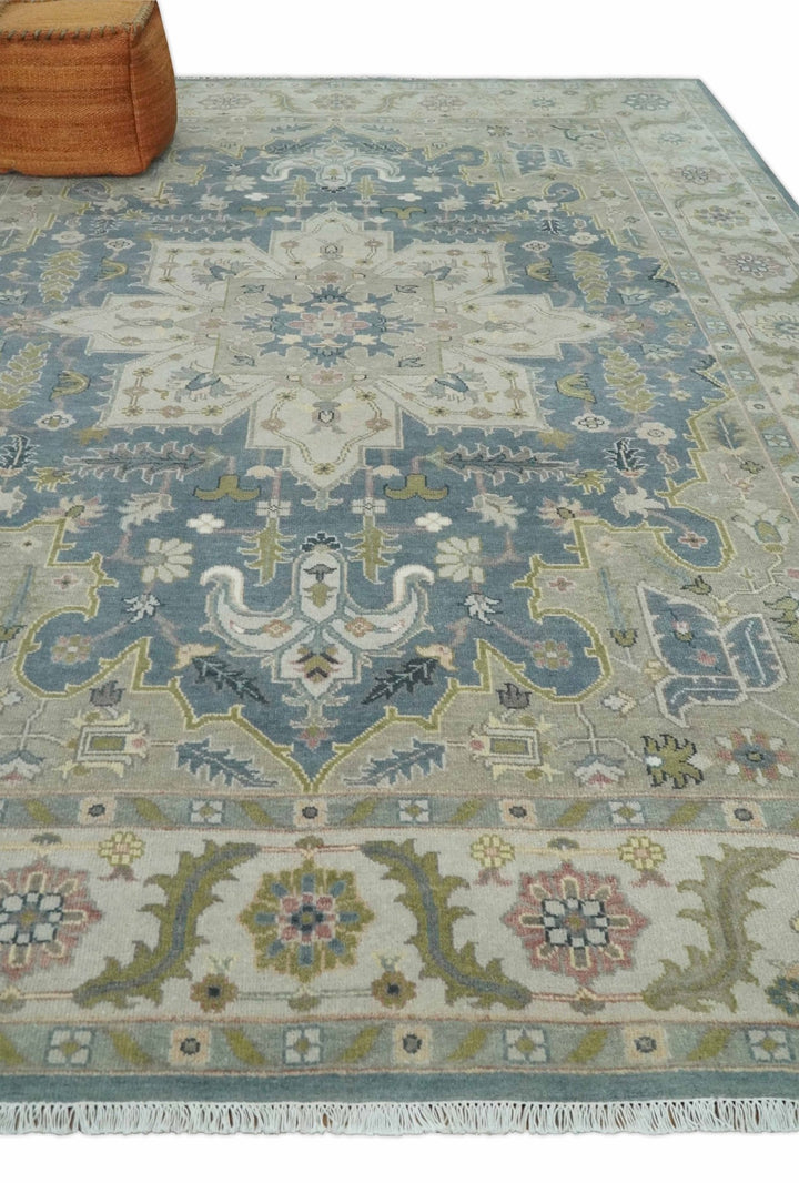 Hand Knotted 9x12 Ivory, Gray, Beige and Olive Traditional Vintage Heriz Serapi Wool Rug | TRDCP1041912 - The Rug Decor