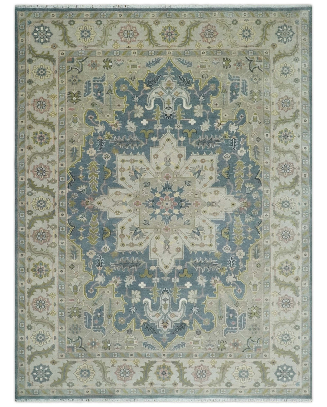 Hand Knotted 9x12 Ivory, Gray, Beige and Olive Traditional Vintage Heriz Serapi Wool Rug | TRDCP1041912 - The Rug Decor