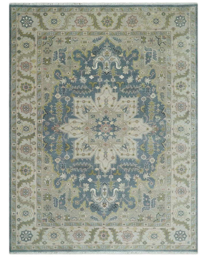 Hand Knotted 9x12 Ivory, Gray, Beige and Olive Traditional Vintage Heriz Serapi Wool Rug | TRDCP1041912 - The Rug Decor