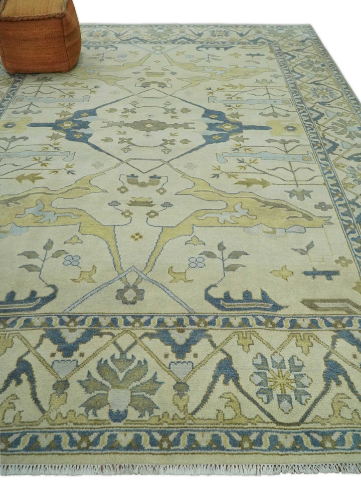 Hand Knotted 9x12 Oriental Oushak Beige and Blue Wool Area Rug, Living Room Rug | TRDCP1093912 - The Rug Decor