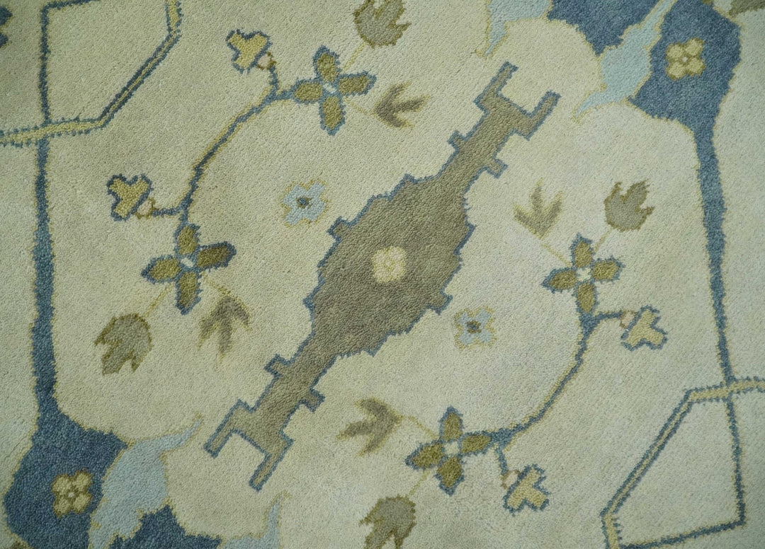Hand Knotted 9x12 Oriental Oushak Beige and Blue Wool Area Rug, Living Room Rug | TRDCP1093912 - The Rug Decor