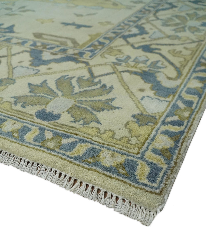 Hand Knotted 9x12 Oriental Oushak Beige and Blue Wool Area Rug, Living Room Rug | TRDCP1093912 - The Rug Decor