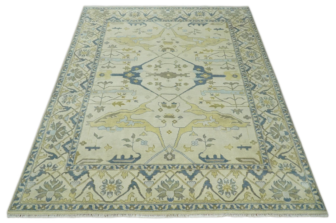 Hand Knotted 9x12 Oriental Oushak Beige and Blue Wool Area Rug, Living Room Rug | TRDCP1093912 - The Rug Decor