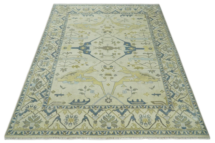 Hand Knotted 9x12 Oriental Oushak Beige and Blue Wool Area Rug, Living Room Rug | TRDCP1093912 - The Rug Decor