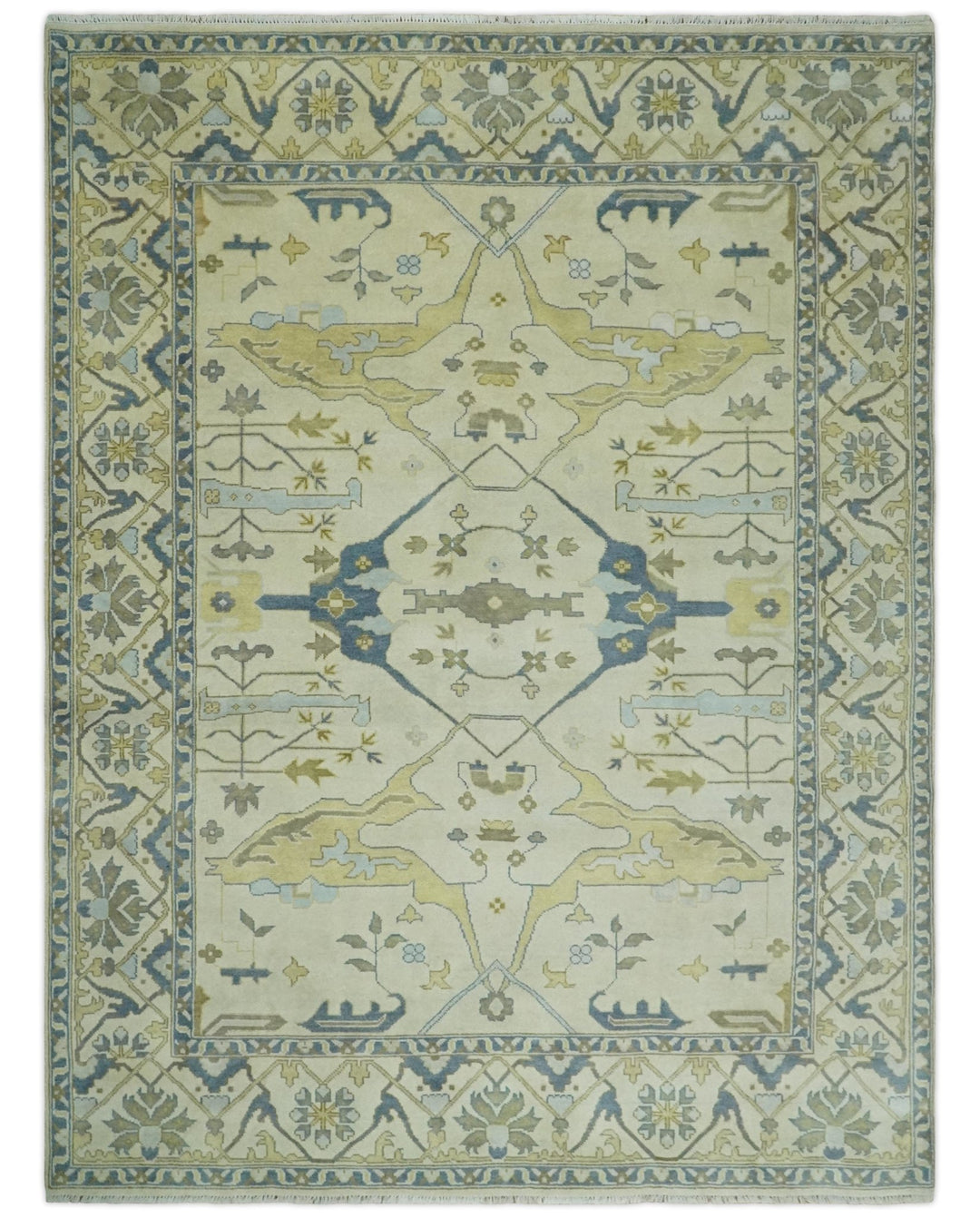Hand Knotted 9x12 Oriental Oushak Beige and Blue Wool Area Rug, Living Room Rug | TRDCP1093912 - The Rug Decor