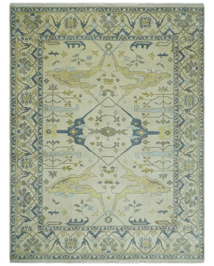 Hand Knotted 9x12 Oriental Oushak Beige and Blue Wool Area Rug, Living Room Rug | TRDCP1093912 - The Rug Decor