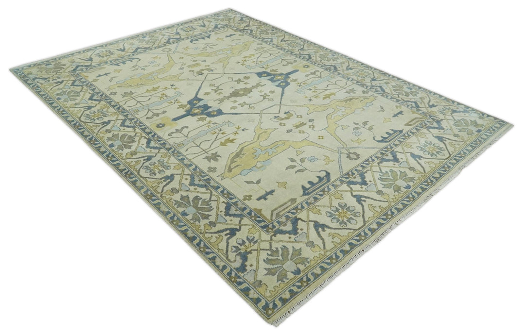 Hand Knotted 9x12 Oriental Oushak Beige and Blue Wool Area Rug, Living Room Rug | TRDCP1093912 - The Rug Decor