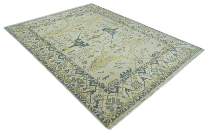 Hand Knotted 9x12 Oriental Oushak Beige and Blue Wool Area Rug, Living Room Rug | TRDCP1093912 - The Rug Decor