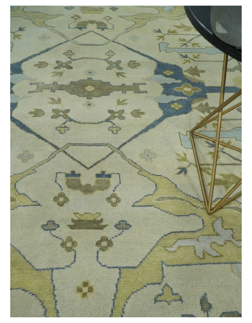 Hand Knotted 9x12 Oriental Oushak Beige and Blue Wool Area Rug, Living Room Rug | TRDCP1093912 - The Rug Decor