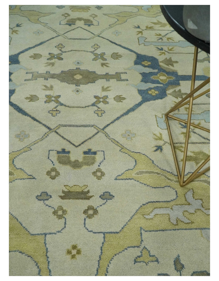 Hand Knotted 9x12 Oriental Oushak Beige and Blue Wool Area Rug, Living Room Rug | TRDCP1093912 - The Rug Decor