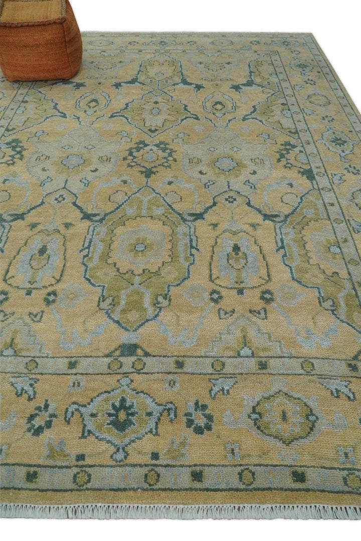 Hand Knotted 9x12 Oriental Oushak Beige and Blue Wool Area Rug | TRDCP1085912 - The Rug Decor