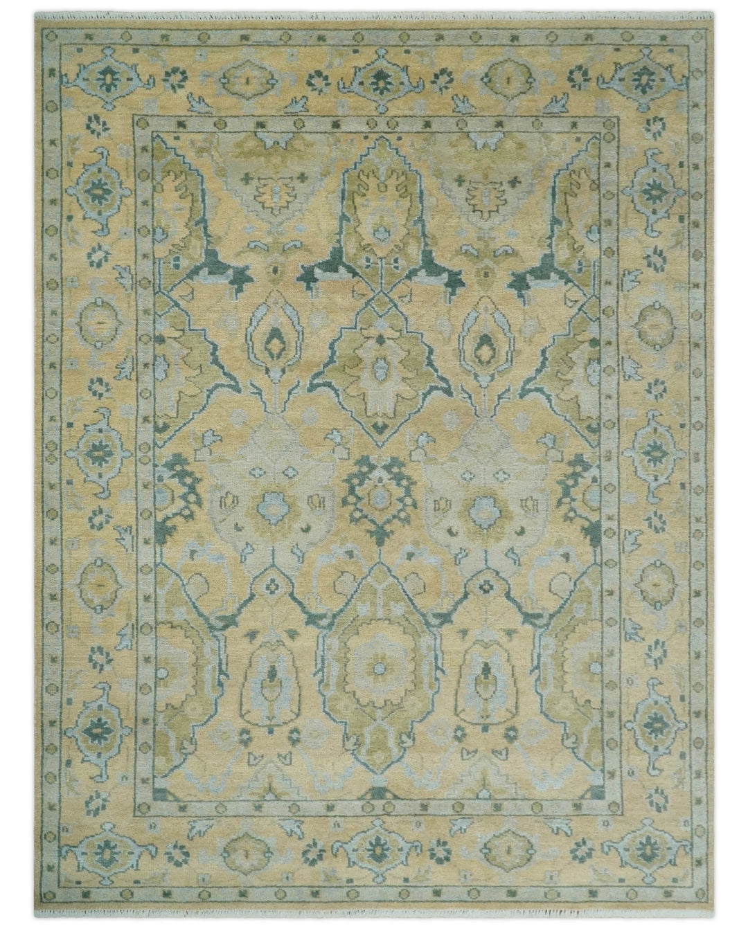 Hand Knotted 9x12 Oriental Oushak Beige and Blue Wool Area Rug | TRDCP1085912 - The Rug Decor