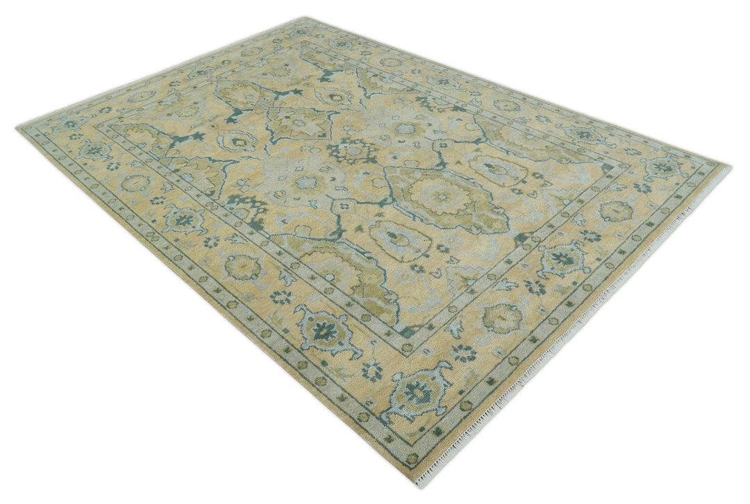 Hand Knotted 9x12 Oriental Oushak Beige and Blue Wool Area Rug | TRDCP1085912 - The Rug Decor