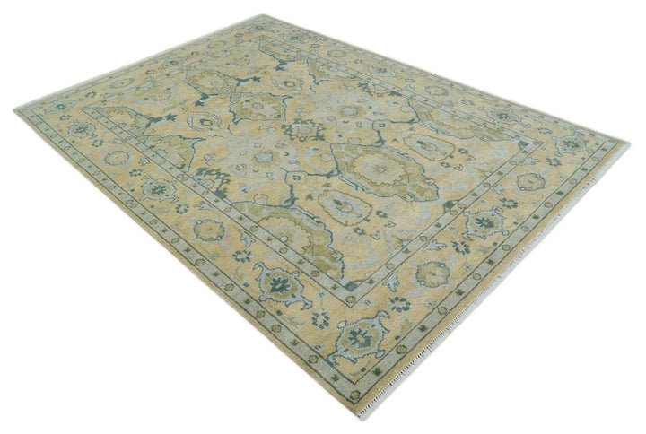 Hand Knotted 9x12 Oriental Oushak Beige and Blue Wool Area Rug | TRDCP1085912 - The Rug Decor