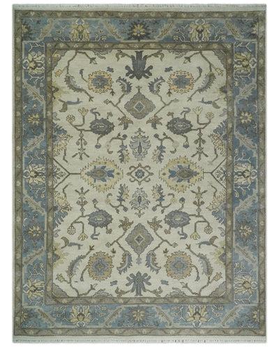 Hand Knotted 9x12 Oriental Oushak Beige and Teal Wool Area Rug | TRDCP1133912 - The Rug Decor