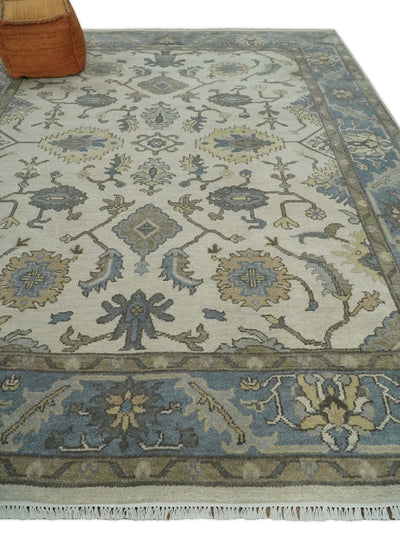 Hand Knotted 9x12 Oriental Oushak Beige and Teal Wool Area Rug | TRDCP1133912 - The Rug Decor