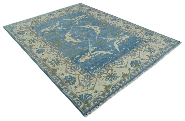Hand Knotted 9x12 Oriental Oushak Blue and Beige Wool Area Rug | TRDCP1082912 - The Rug Decor