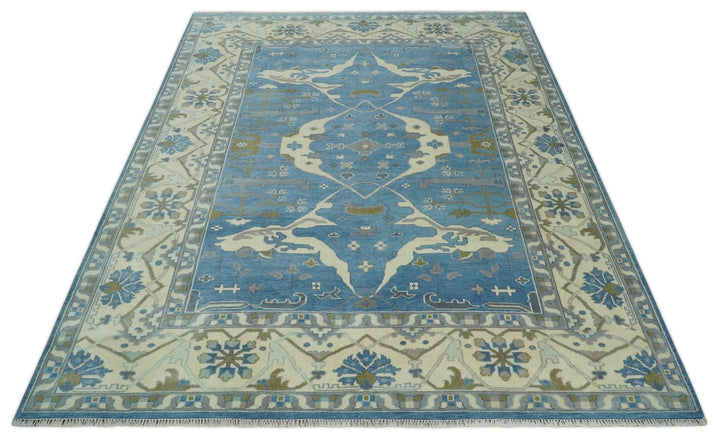 Hand Knotted 9x12 Oriental Oushak Blue and Beige Wool Area Rug | TRDCP1082912 - The Rug Decor