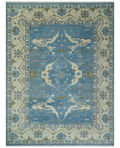 Hand Knotted 9x12 Oriental Oushak Blue and Beige Wool Area Rug | TRDCP1082912 - The Rug Decor