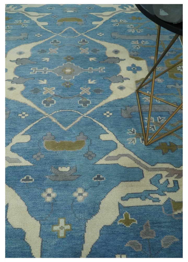 Hand Knotted 9x12 Oriental Oushak Blue and Beige Wool Area Rug | TRDCP1082912 - The Rug Decor