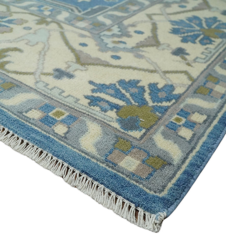 Hand Knotted 9x12 Oriental Oushak Blue and Beige Wool Area Rug | TRDCP1082912 - The Rug Decor
