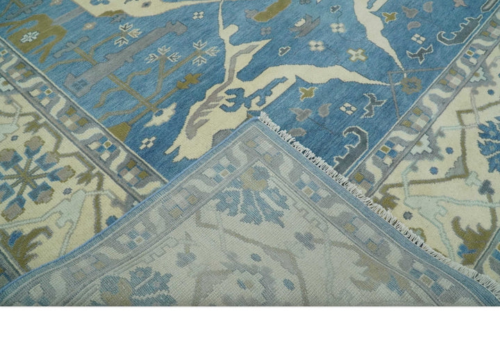 Hand Knotted 9x12 Oriental Oushak Blue and Beige Wool Area Rug | TRDCP1082912 - The Rug Decor