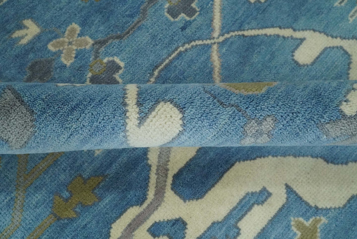 Hand Knotted 9x12 Oriental Oushak Blue and Beige Wool Area Rug | TRDCP1082912 - The Rug Decor