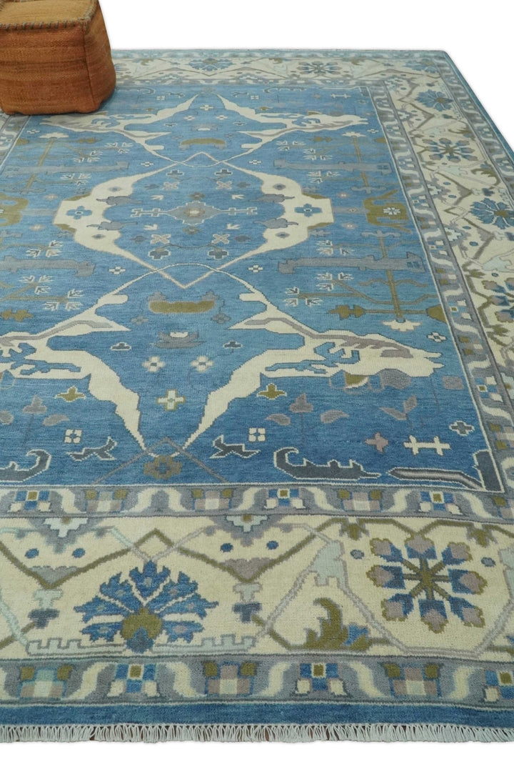 Hand Knotted 9x12 Oriental Oushak Blue and Beige Wool Area Rug | TRDCP1082912 - The Rug Decor