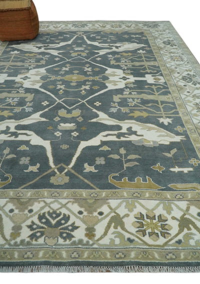 Hand Knotted 9x12 Oriental Oushak Charcoal, Ivory and Beige Wool Area Rug | TRDCP1376912 - The Rug Decor