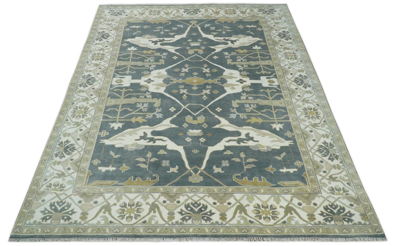 Hand Knotted 9x12 Oriental Oushak Charcoal, Ivory and Beige Wool Area Rug | TRDCP1376912 - The Rug Decor
