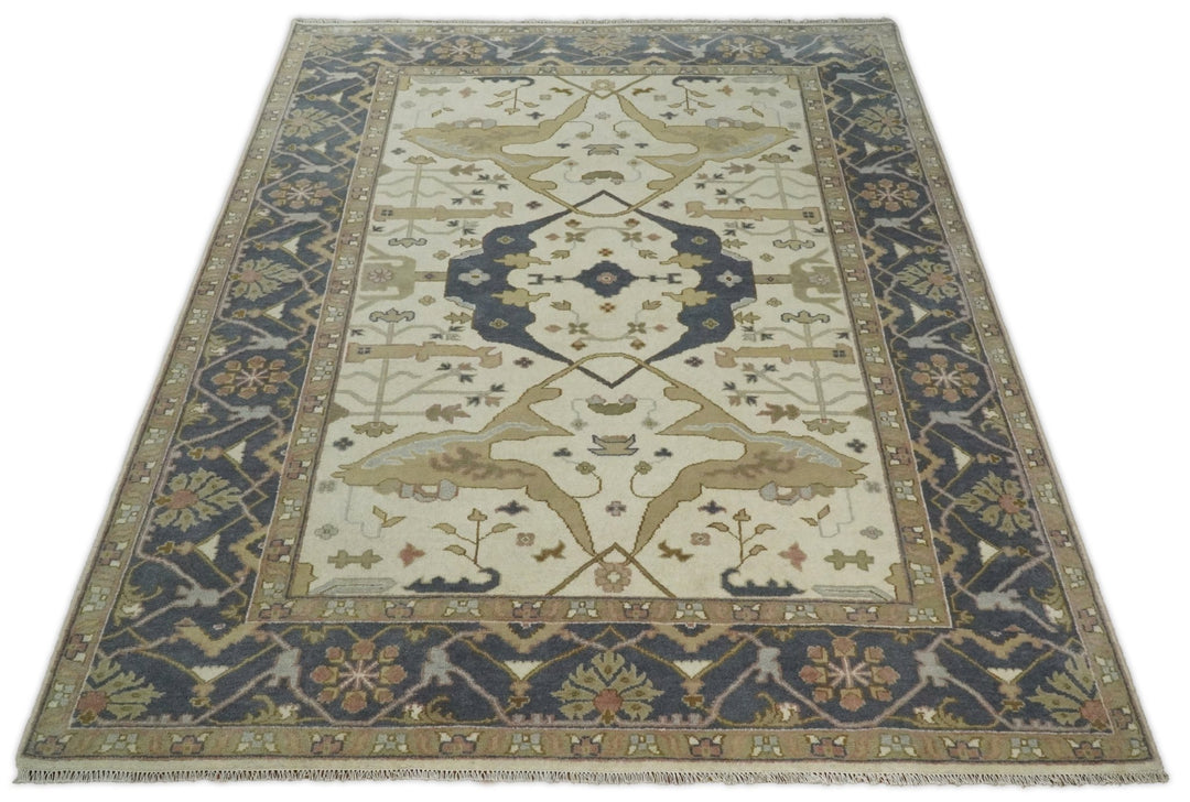 Hand Knotted 9x12 Persian Oushak Beige and Charcoal Wool Large Rug | TRDCP82912 - The Rug Decor