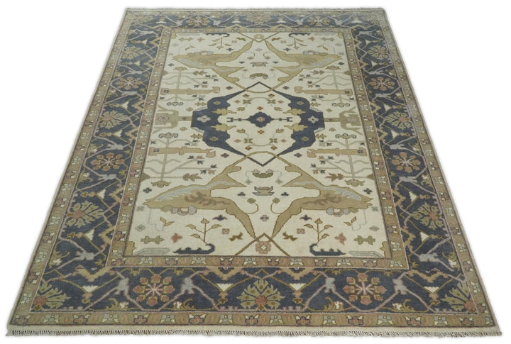 Hand Knotted 9x12 Persian Oushak Beige and Charcoal Wool Large Rug | TRDCP82912 - The Rug Decor