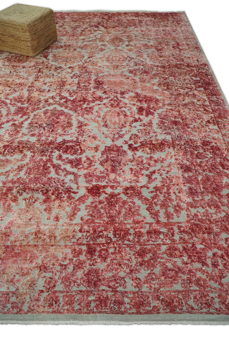 Hand Knotted 9x12 Pink and Silver Modern Persian Abstract Bamboo Silk and Wool Area Rug | TRD2061912 - The Rug Decor