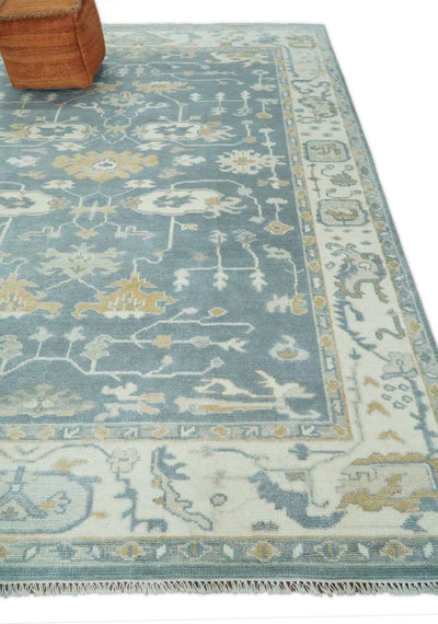Hand knotted 9x12 Traditional Persian Blue and Ivory Oushak Area Rug | TRDCP186912 - The Rug Decor