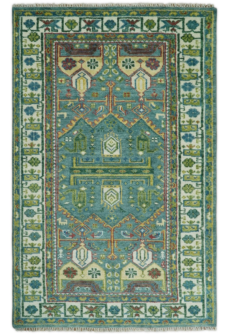 Hand Knotted Antique 5x8 Green and Ivory Traditional Vintage Persian Area Rug | TRDCP41858 - The Rug Decor